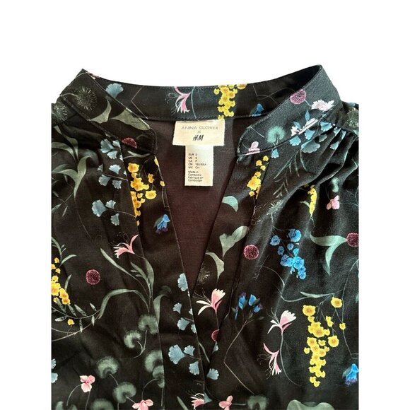 Anna Glover H&M Woman's Plus Size S Black Floral Print Top Spring Flowy Blouse - Picture 3 of 7